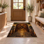 Stone Arch Cellar Rug in an entryway with a wooden door and bench
