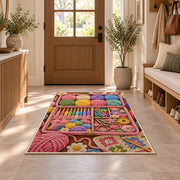 Crochet Supply Box Rug in an entryway with a wooden door and bench