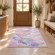 Rainbow Mermaid Rug in an entryway with a wooden door and bench