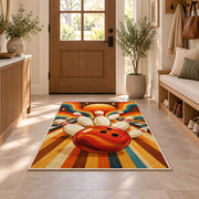 Retro 70s Stripes Bowling Rug in an entryway with a wooden door and bench