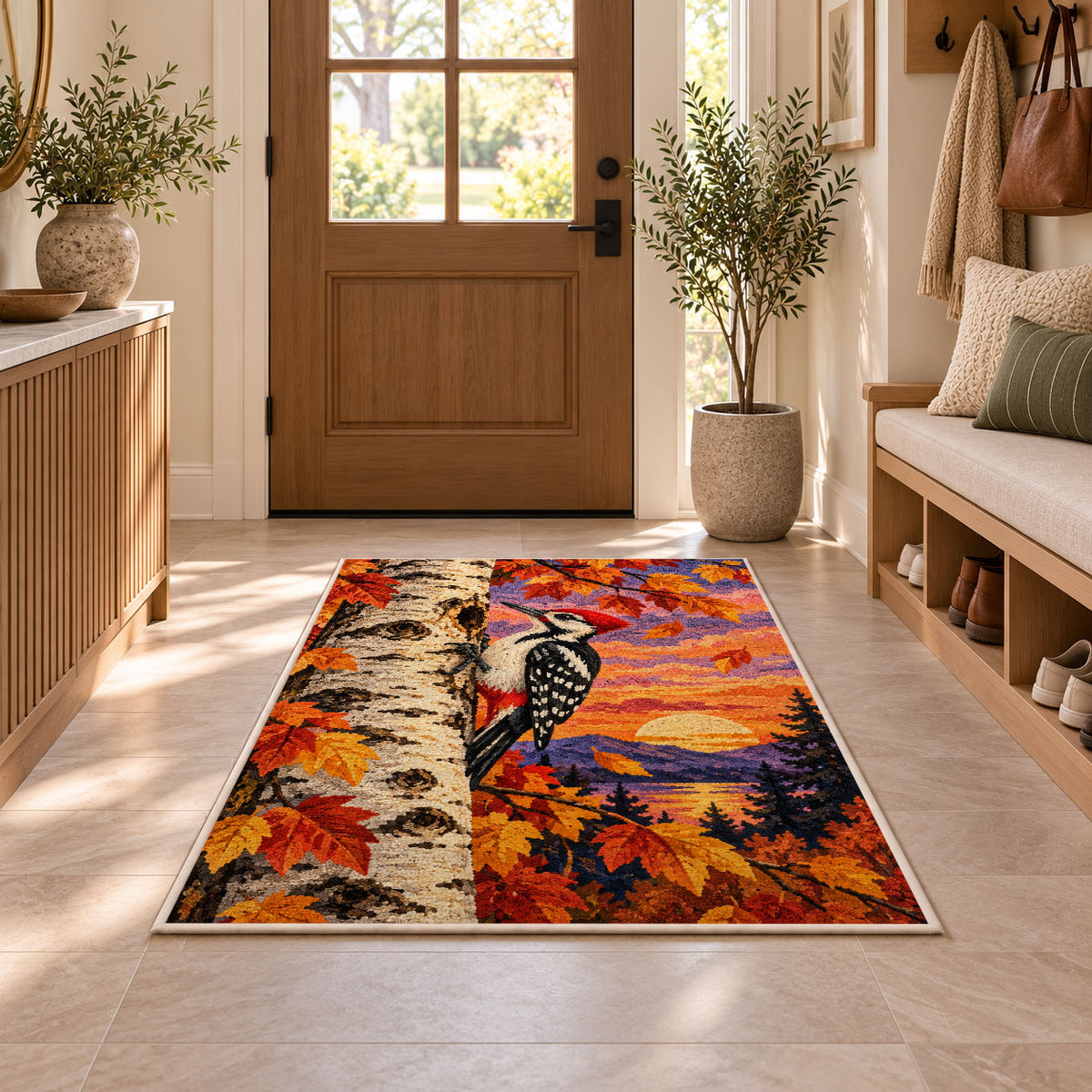 Woodpecker on Birch Rug in an entryway with a wooden door and bench