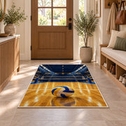 Indoor Volleyball Arena Rug in an entryway with a wooden door and bench