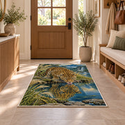 Leopard Drinking at Lake Rug in an entryway with a wooden door and bench
