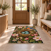 Bird Nest and Blue Eggs Rug in an entryway with a wooden door and bench