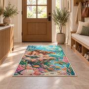 Mermaid Reading a Book Rug in an entryway with a wooden door and bench