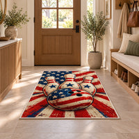 American Flag Bowling Rug in an entryway with a wooden door and bench