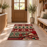 Nordic Knit Pattern Rug in an entryway with a wooden door and bench