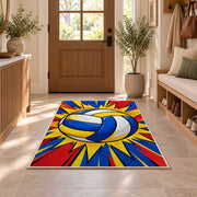 Pop Art Volleyball Rug in an entryway with a wooden door and bench