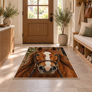 Horse Face Close-Up Rug in an entryway with a wooden door and bench