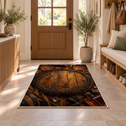Oak Barrel Head Rug in an entryway with a wooden door and bench