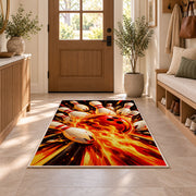 Flaming Bowling Ball Rug in an entryway with a wooden door and bench