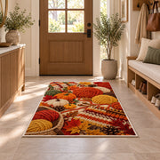 Autumn Yarn Rug in an entryway with a wooden door and bench