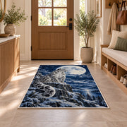 Snow Leopard Under Full Moon Rug in an entryway with a wooden door and bench