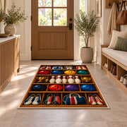 Bowling Gear Shelf Rug in an entryway with a wooden door and bench