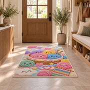 Happy Yarn Balls Nursery Rug in an entryway with a wooden door and bench
