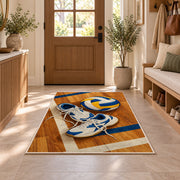 Volleyball Shoes on Court Rug in an entryway with a wooden door and bench