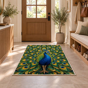 Peacock Feathers Rug in an entryway with a wooden door and bench