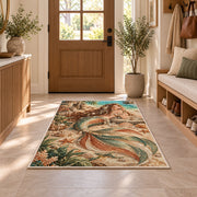 Boho Mermaid Rug in an entryway with a wooden door and bench