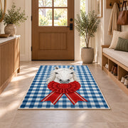 Gingham Horse and Rosette Rug in an entryway with a wooden door and bench