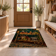 Vintage Bar Cart Rug in an entryway with a wooden door and bench