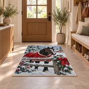 Horse in Winter Snow Rug in an entryway with a wooden door and bench
