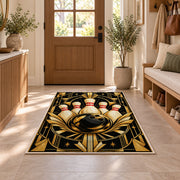 Art Deco Bowling Rug in an entryway with a wooden door and bench