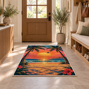 Volleyball Net Between Palms Rug in an entryway with a wooden door and bench
