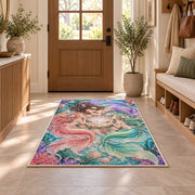 Three Mermaids and Shell Rug in an entryway with a wooden door and bench