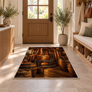 Copper Still Distillery Rug in an entryway with a wooden door and bench