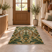 Twin Leopards and Palm Rug in an entryway with a wooden door and bench