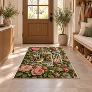 Vintage Birdcage and Roses Rug in an entryway with a wooden door and bench