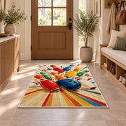 Colorful Falling Pins Rug in an entryway with a wooden door and bench