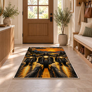 Three Riders Headlights Rug in an entryway with a wooden door and bench