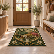 Vintage Engraved Yarn Rug in an entryway with a wooden door and bench