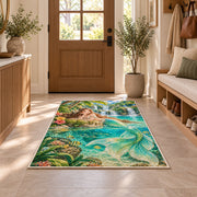 Tropical Lagoon Mermaid Rug in an entryway with a wooden door and bench