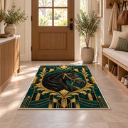 Art Deco Horse Rug in an entryway with a wooden door and bench