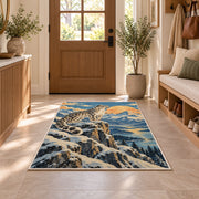 Retro Snow Leopard Poster Rug in an entryway with a wooden door and bench
