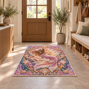 Mermaid in Seashell Frame Rug in an entryway with a wooden door and bench