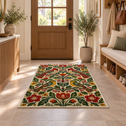 Folk Art Birds Rug in an entryway with a wooden door and bench