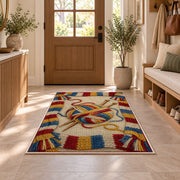 Striped Scarf Border Yarn Rug in an entryway with a wooden door and bench