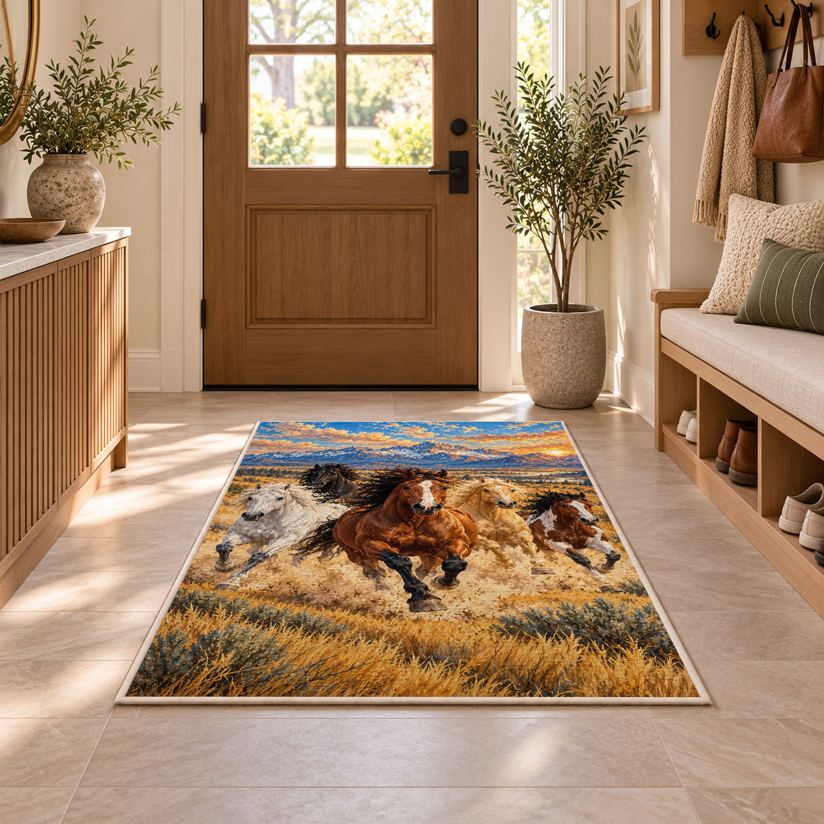 Wild Horses Galloping Rug in an entryway with a wooden door and bench