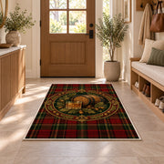 Tartan Whiskey Rug in an entryway with a wooden door and bench