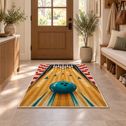 Bowling Lane and Checkers Rug in an entryway with a wooden door and bench