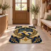 Classic Volleyball Crest Rug in an entryway with a wooden door and bench