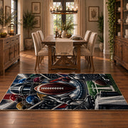 gridiron tunnel football design area rug displayed in a dining room