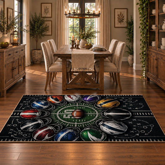 football strategy stadium collage area rug displayed in a dining room