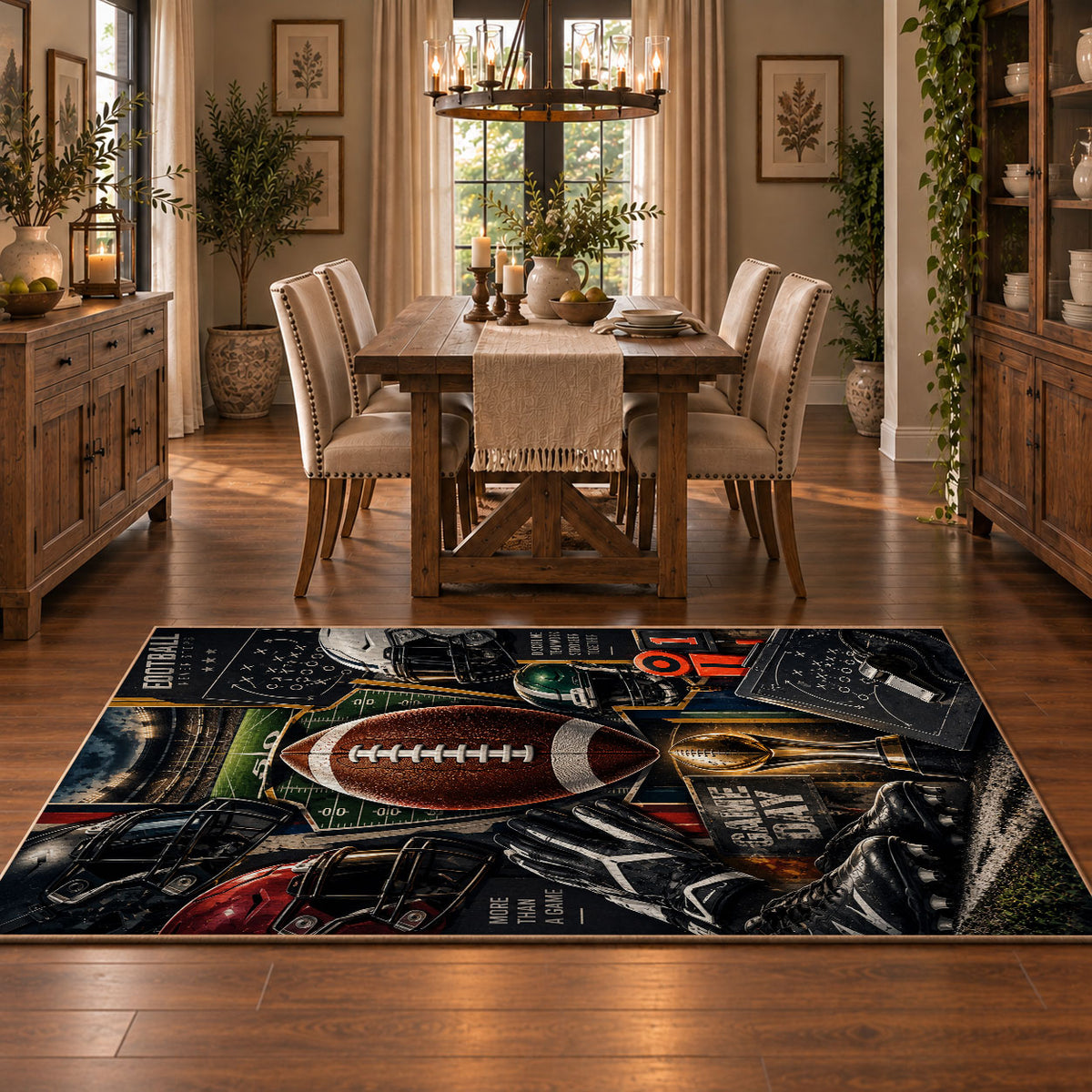 football gear championship collage area rug displayed in a dining room