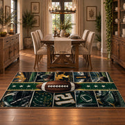 green gridiron jersey design area rug displayed in a dining room