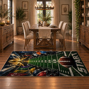 football field goal line scene area rug displayed in a dining room