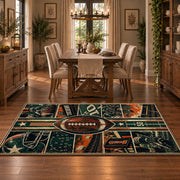 vintage football grid collage area rug displayed in a dining room
